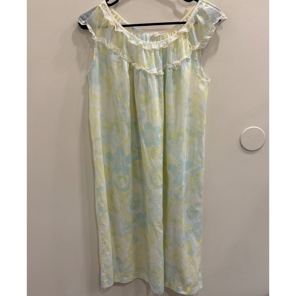 VTG 60s Philmaid Floral Lace Trim Nightgown Pastel Blue Yellow Green Granny M